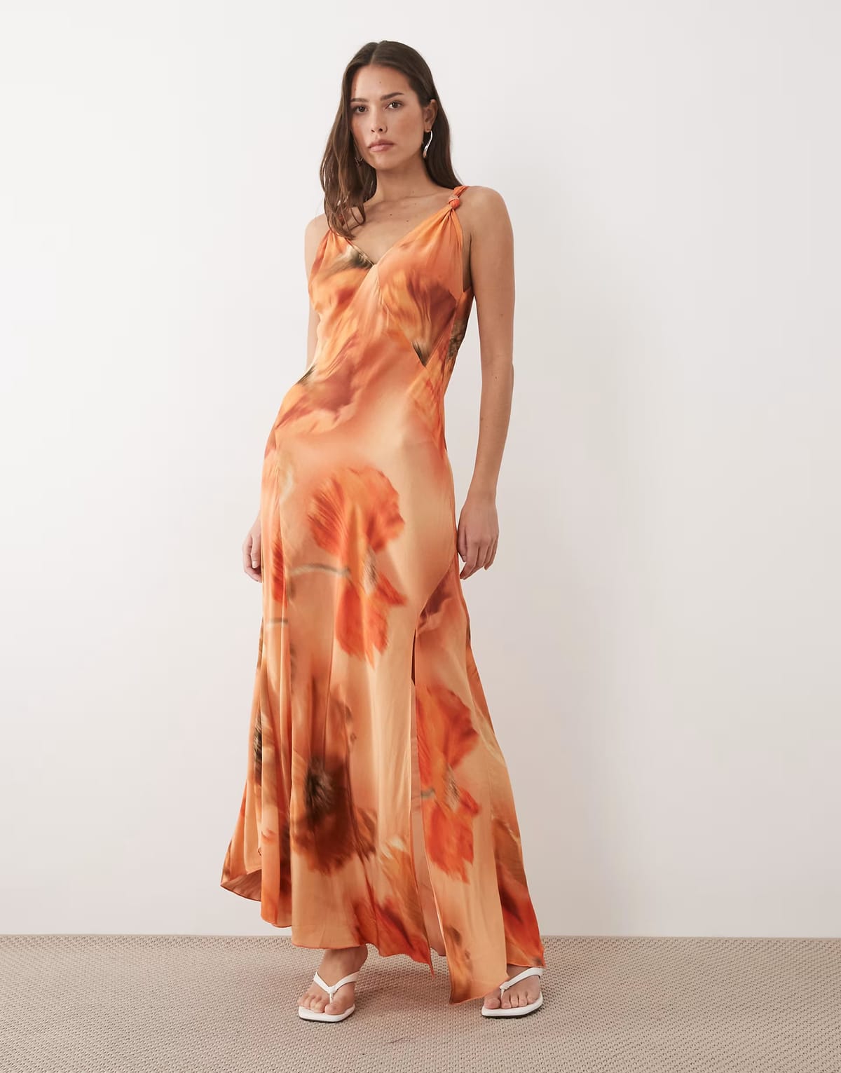 ASOS Never Fully Dressed Sofia knot strap bias cut maxi dress in blurred orange floral - 1