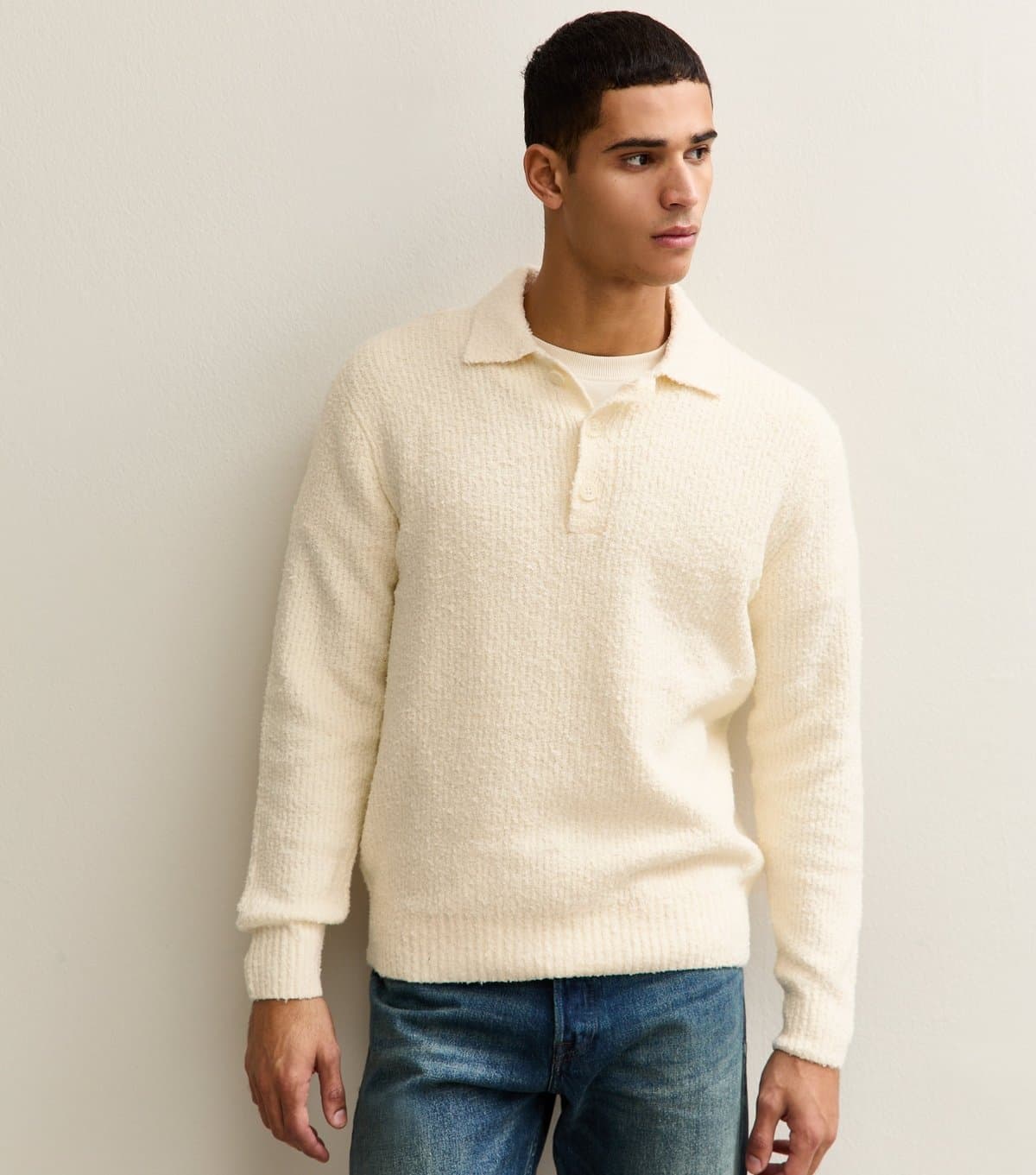 Only and Sons Men's Cream Regular Fluffy Knit Polo Shirt Only and Sons New Look
