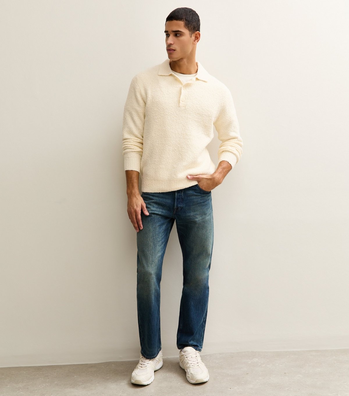 Only and Sons Men's Cream Regular Fluffy Knit Polo Shirt Only and Sons New Look - 3