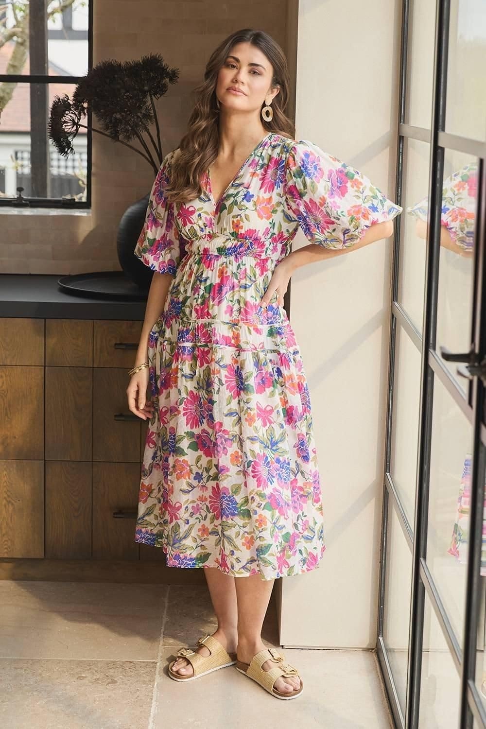 Izabel London Pink Floral 1/2 Puff Sleeve Midi Dress