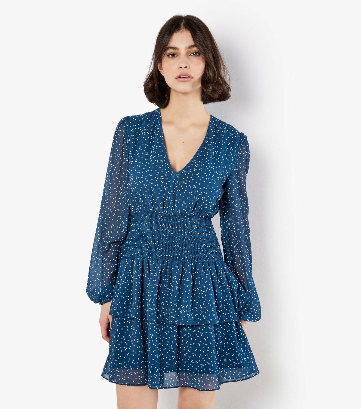 Apricot Teal Spot Smock Tiered Mini Dress