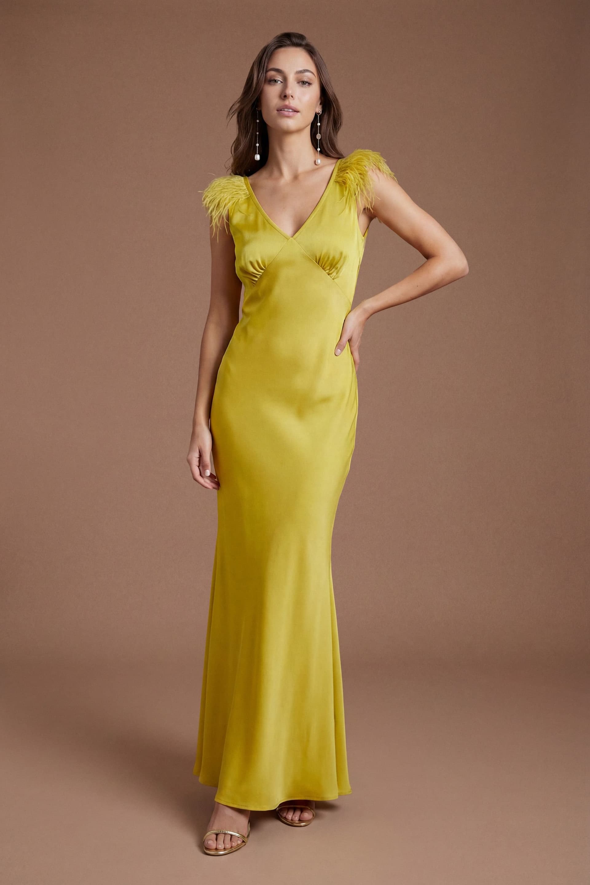 Coast Coast Women's Feather Shoulder Detail V Neck Satin Maxi Dress in Chartreuse
