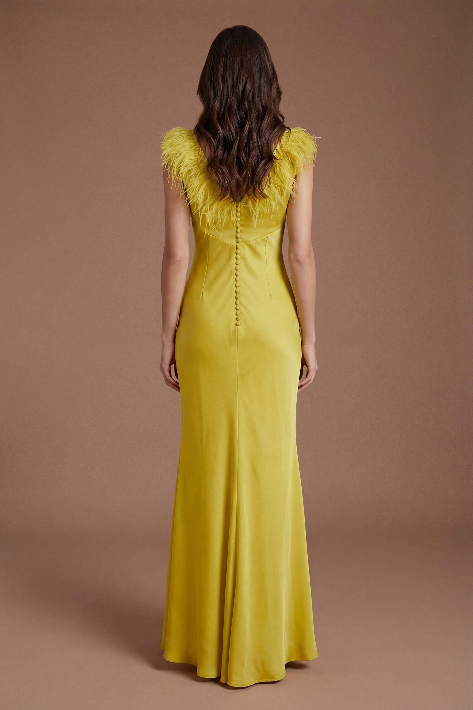 Coast Coast Women's Feather Shoulder Detail V Neck Satin Maxi Dress in Chartreuse - 4