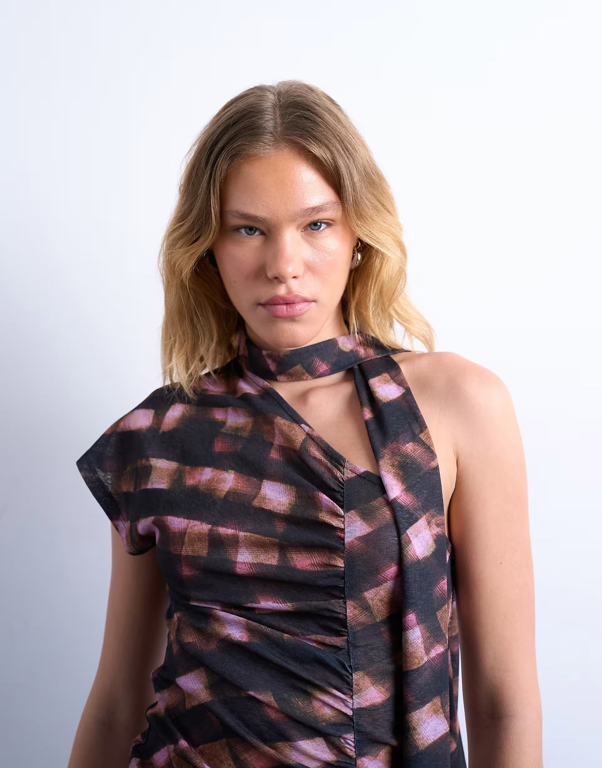 ASOS Topshop ruched check print scarf detail asymmetric hem top in chocolate