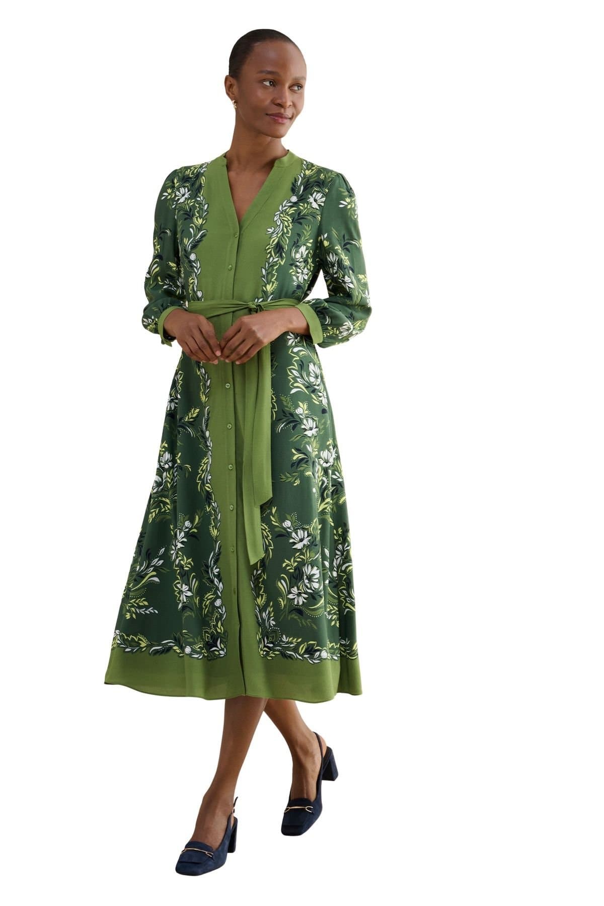 Hobbs London Hobbs London Women's Apolline Printed V-Neck Midi Shirt Dress in Dark Olive