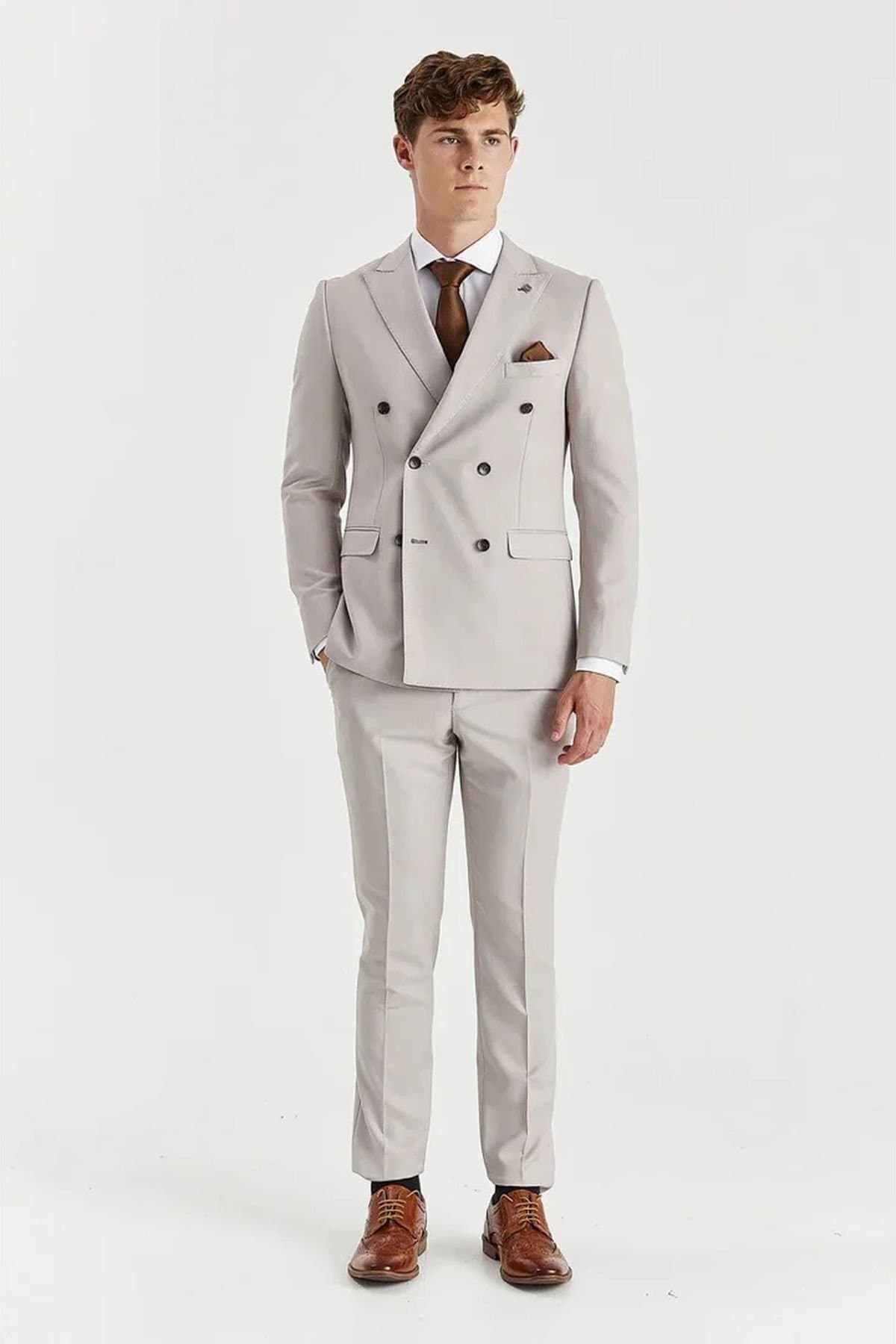 Paul Andrew Paul Andrew Men's 2 Piece Suit Double Breasted Birdseye Wedding in Stone