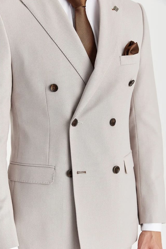Paul Andrew Paul Andrew Men's 2 Piece Suit Double Breasted Birdseye Wedding in Stone - 3