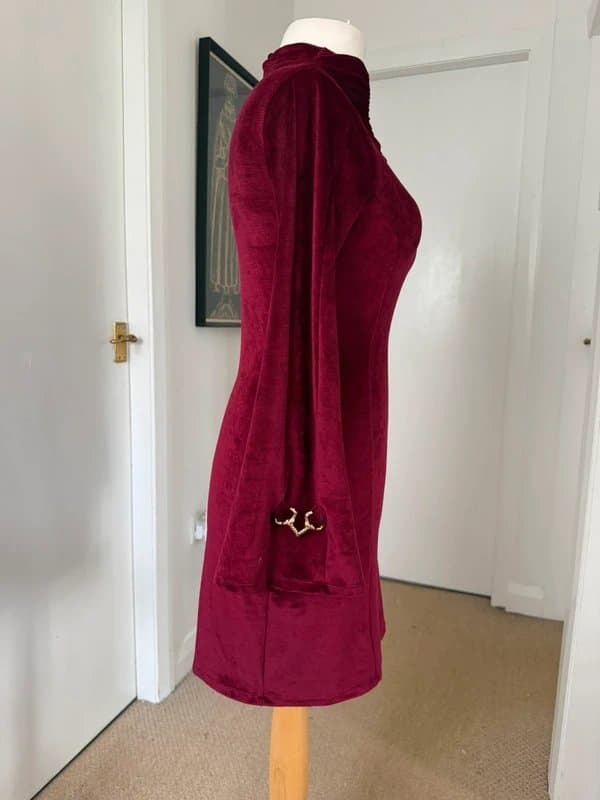 ASOS Design Burgundy Velvet High Neck Mini Midi Dress - Size UK 8-10