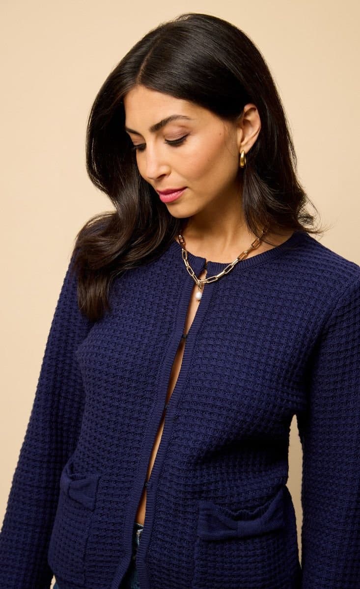 Little Mistress Little Mistress Women's Navy Knitted Bow Pocket Detail Cardigan