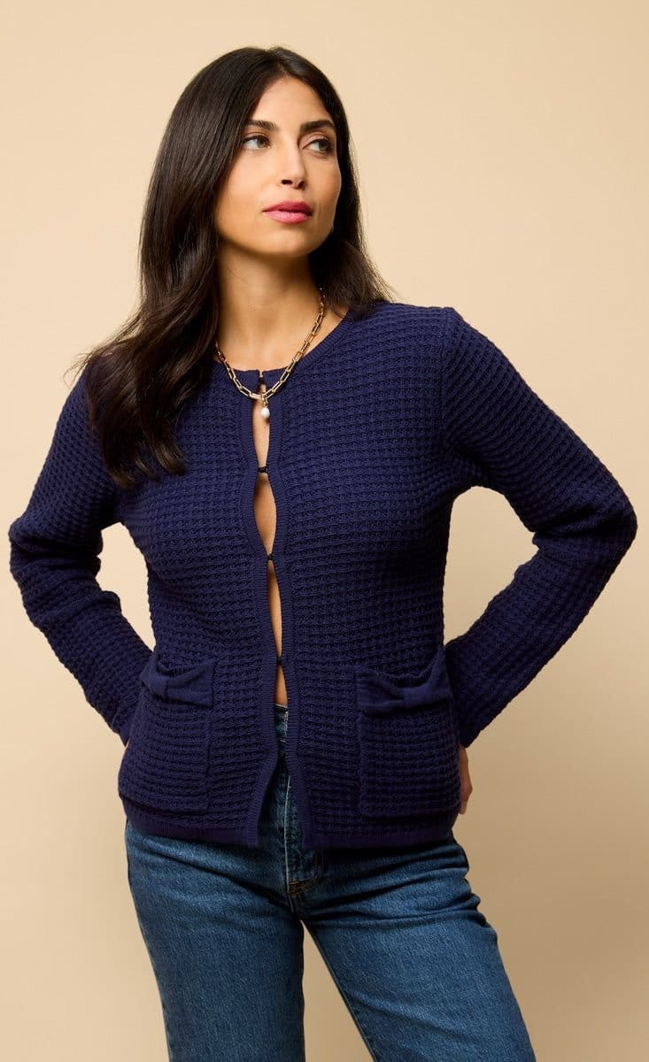 Little Mistress Little Mistress Women's Navy Knitted Bow Pocket Detail Cardigan - 4