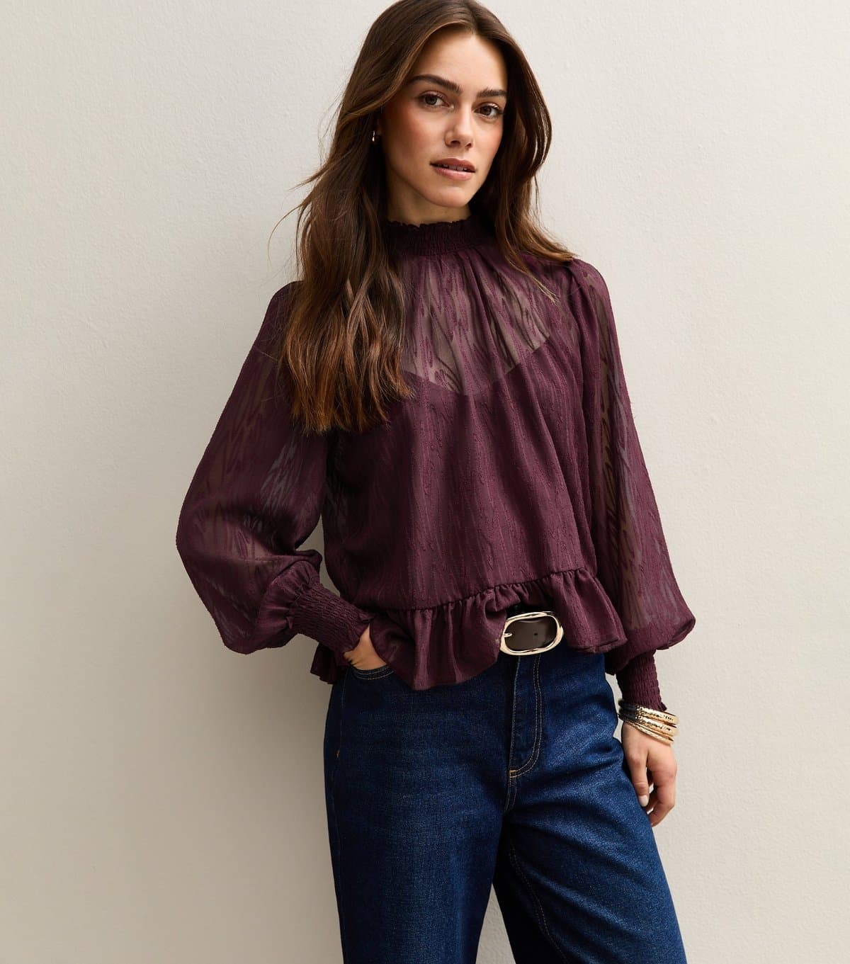 New Look New Look Dark Burgundy Burnout Chiffon Blouse