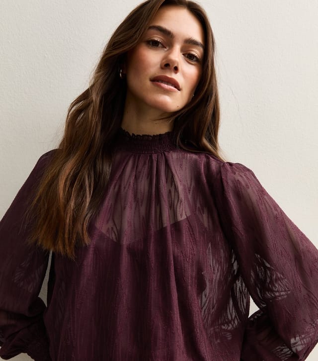 New Look Women's Petite Dark Burgundy Burnout Chiffon High Neck Blouse New Look - 2