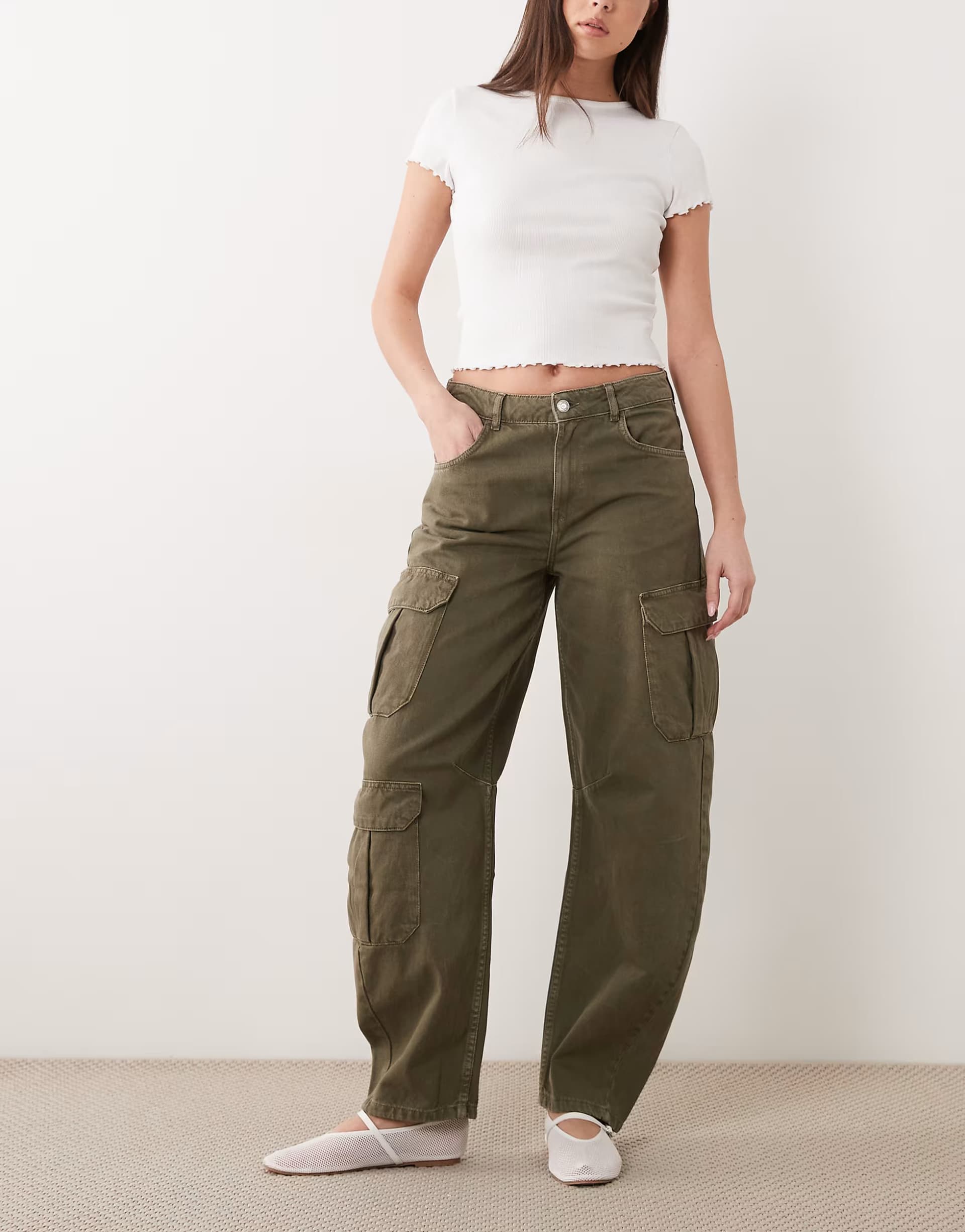 ASOS Mango Dilly 100% cotton utility barrel jean in khaki
