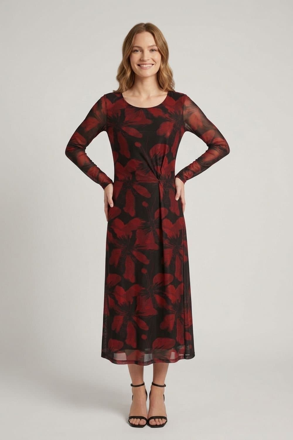 Izabel London Izabel London Women's Floral Sheer Layered A-Line Midi Dress in Black