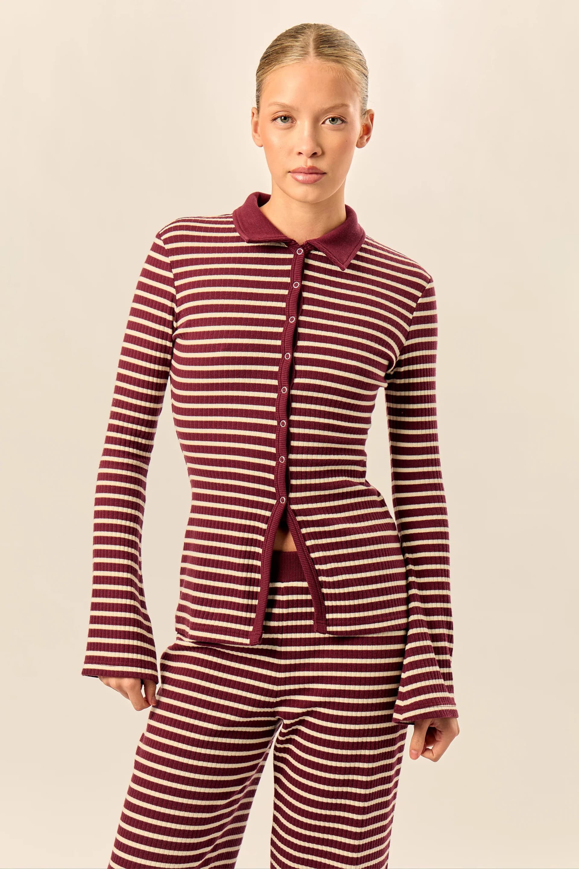 Kaiia Kaiia Stripe Ribbed Button Down Top Dark Cherry & Cream