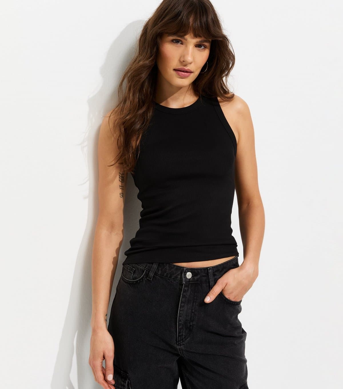 New Look Women's Tall Black Cotton Rich Ribbed Racer Vest New Look