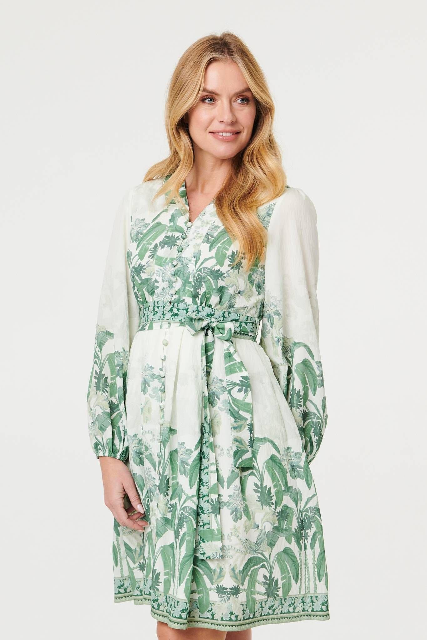 Izabel London Izabel London Women's Leaf Print Long Sleeve Tie Short Dress in Green