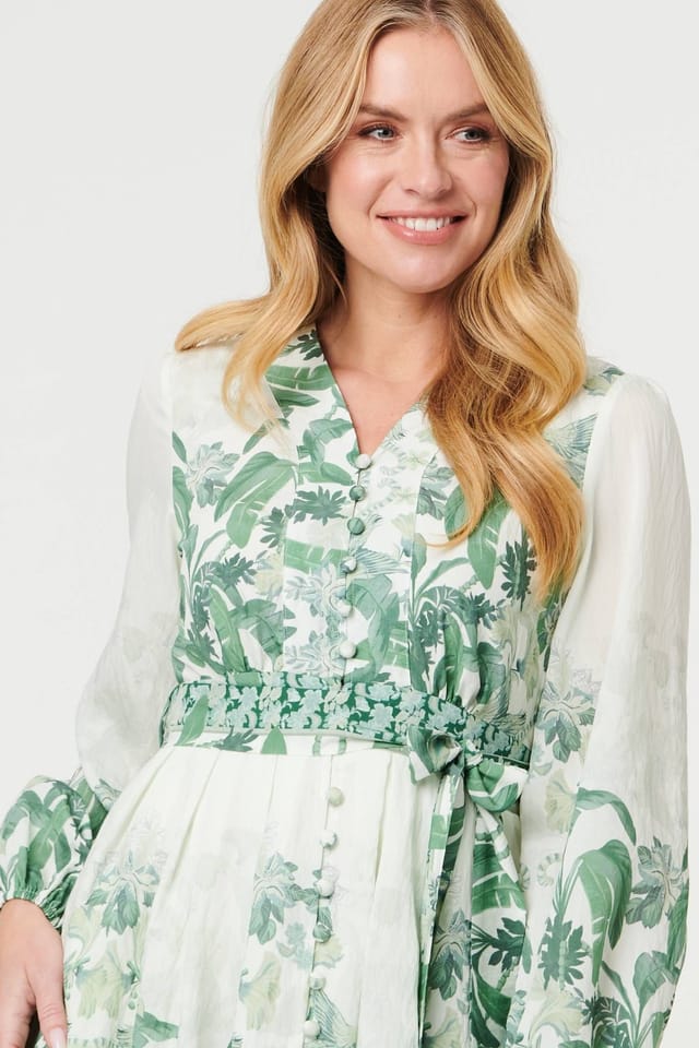 Izabel London Izabel London Women's Leaf Print Long Sleeve Tie Short Dress in Green - 2