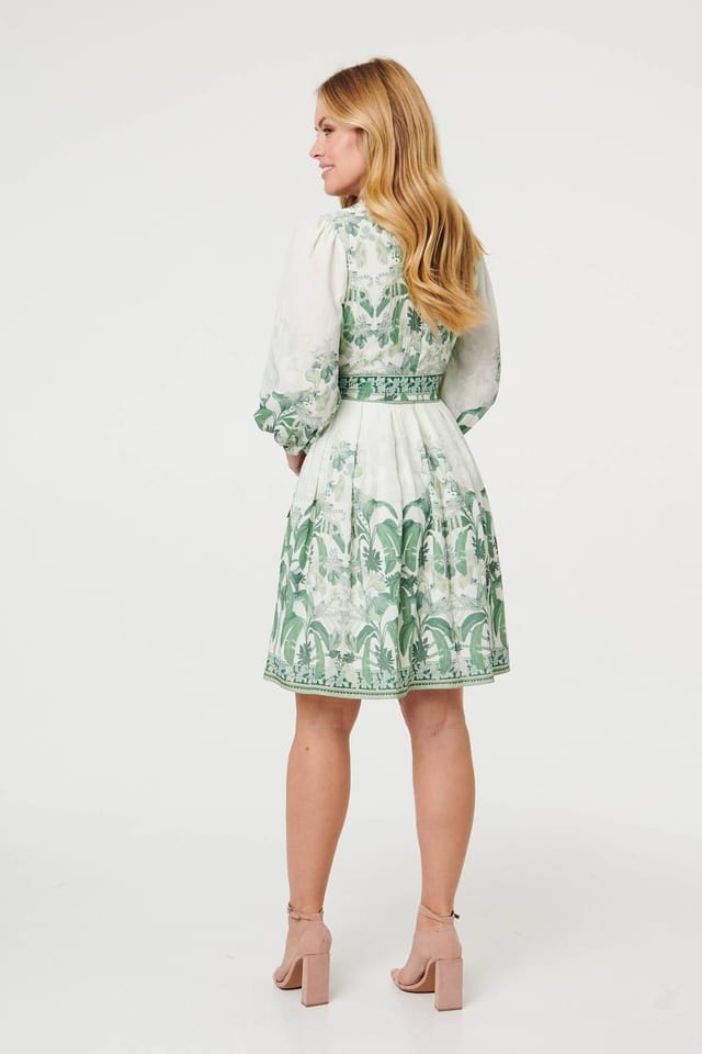 Izabel London Izabel London Women's Leaf Print Long Sleeve Tie Short Dress in Green - 3