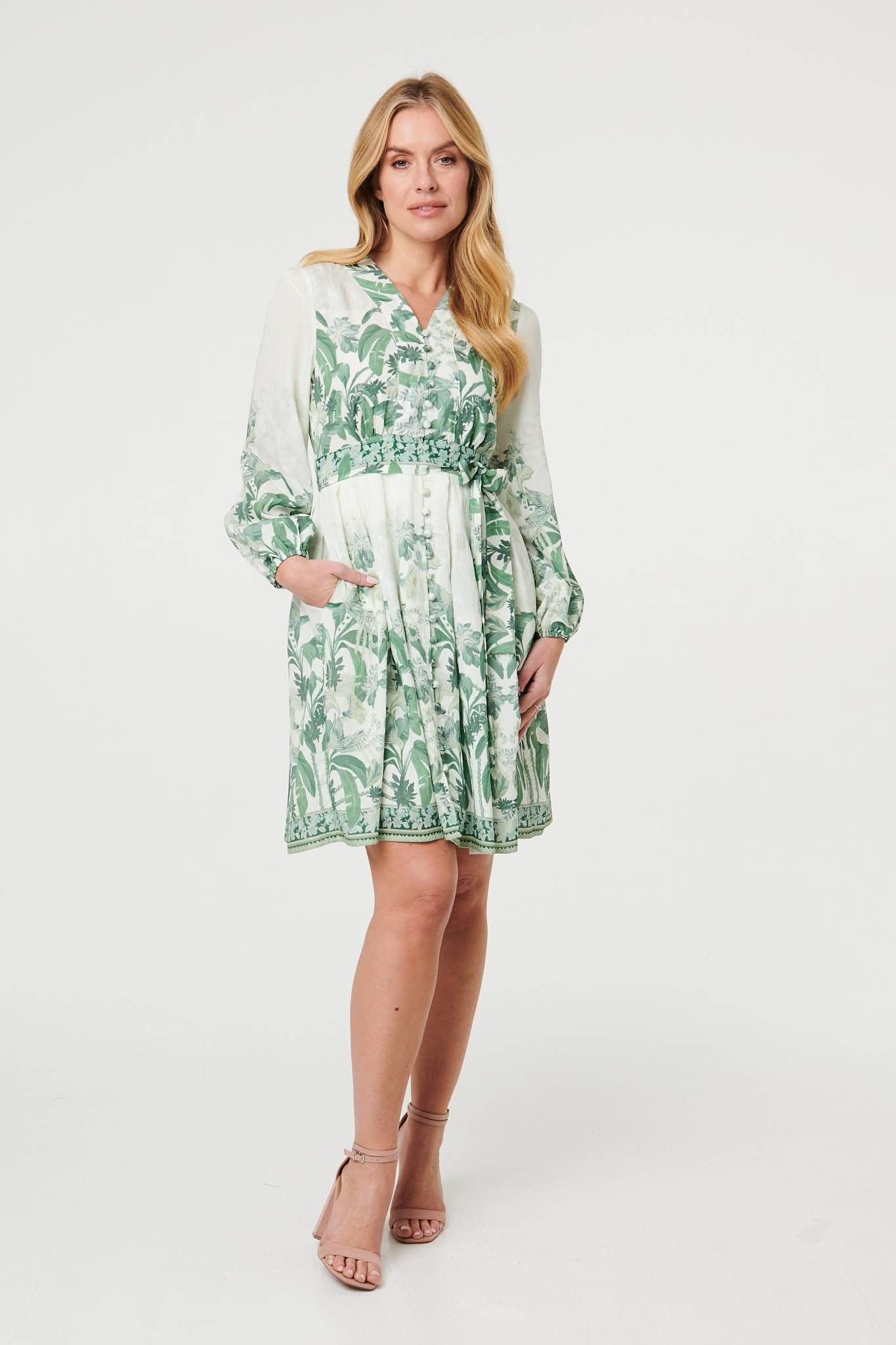 Izabel London Izabel London Women's Leaf Print Long Sleeve Tie Short Dress in Green - 4
