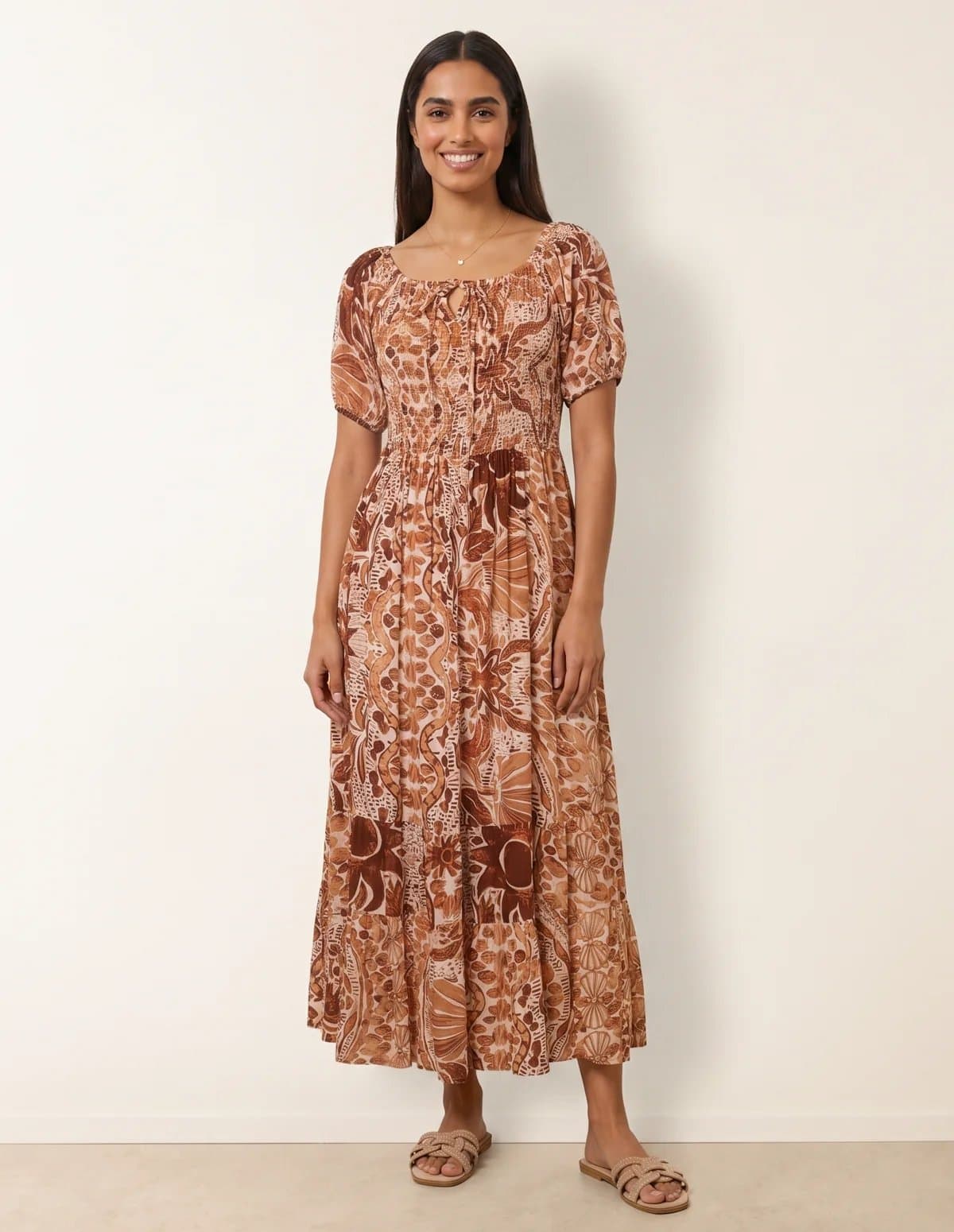 Blue Vanilla Tie Front Shirred Midi Dress