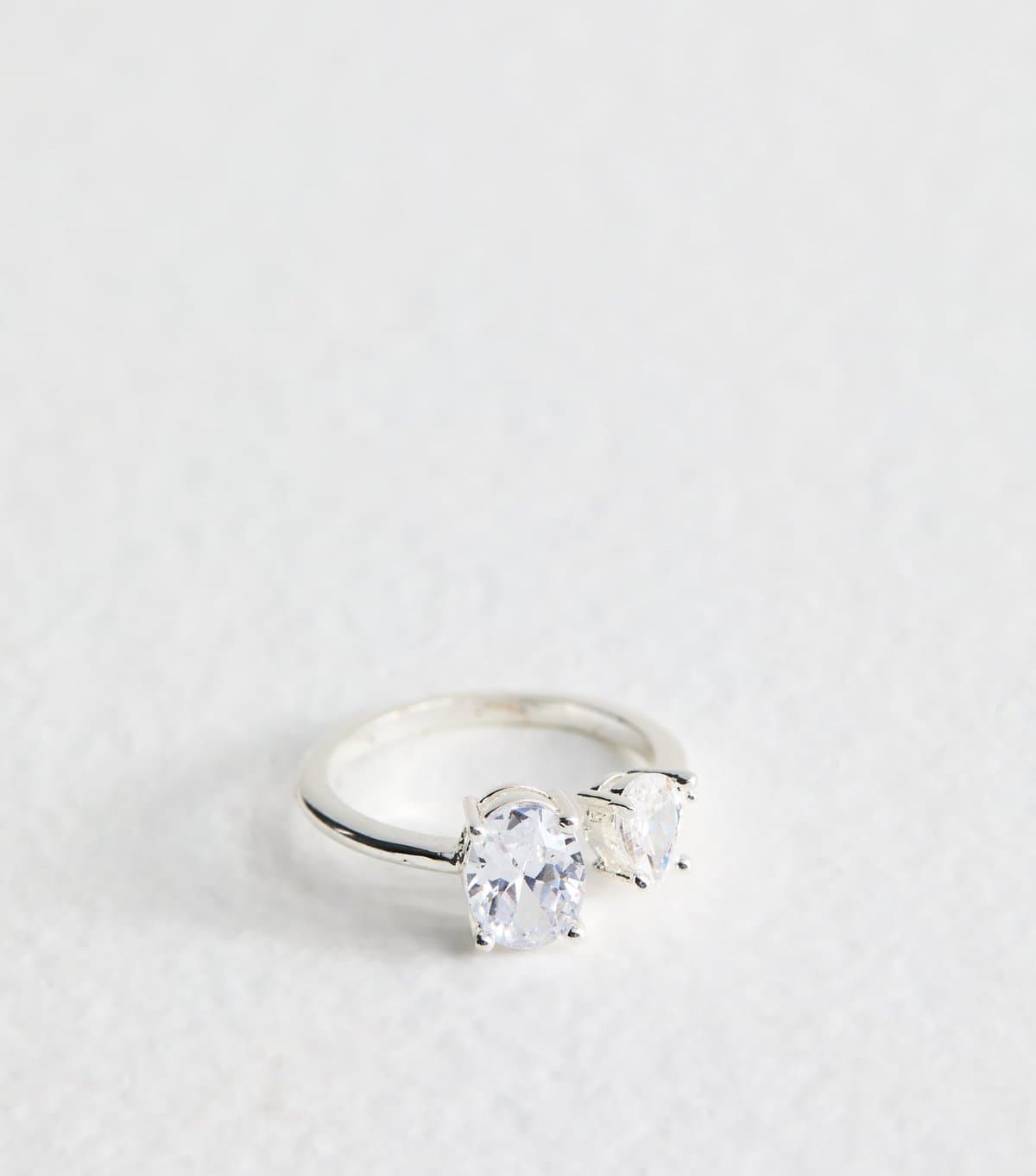 New Look Silver Tone Cubic Zirconia Double Charm Ring New Look