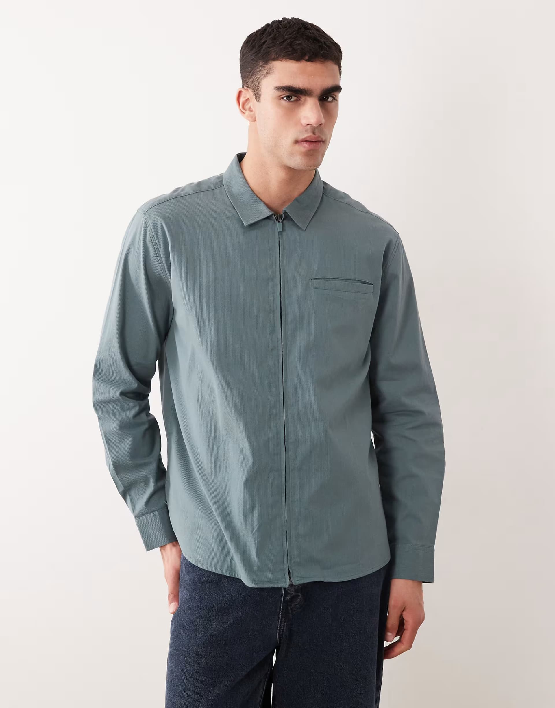 ASOS ASOS DESIGN relaxed zip up ribbed shirt in blue