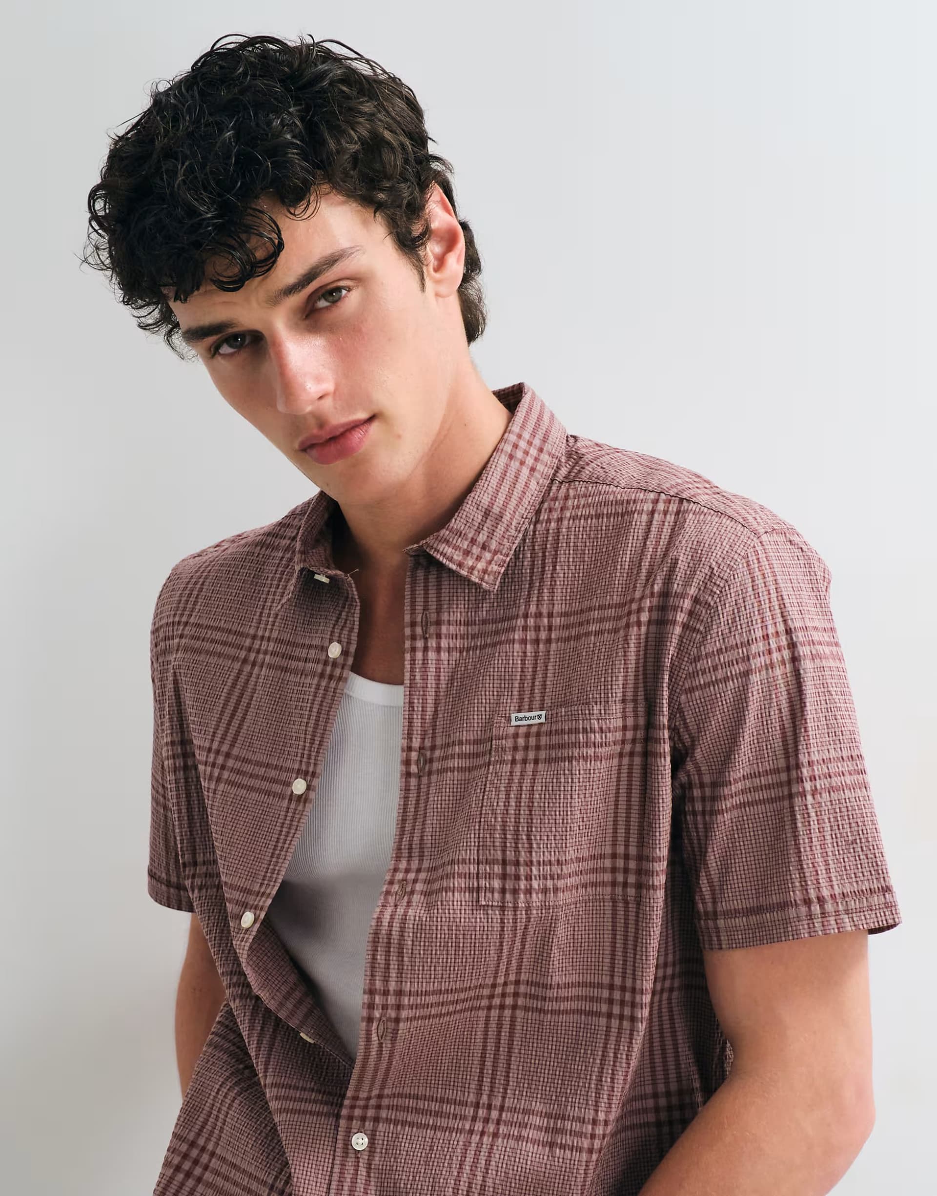 ASOS Barbour Carrock short sleeve checked seersucker summer shirt in soft brown