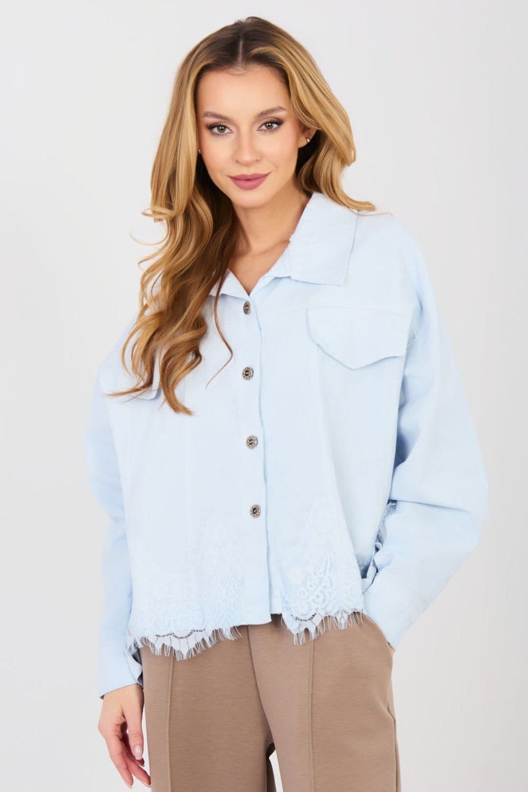 Love Lace Love Lace Women's Denim Jacket with Lace Hem Detail in Blue