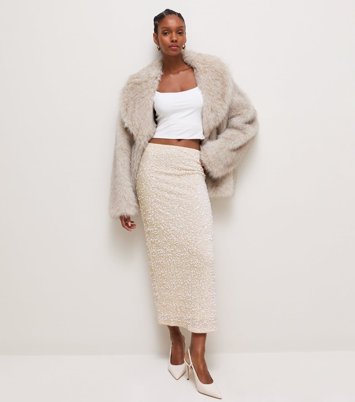 New Look Women's Cream Sequin Pencil Midi Skirt New Look