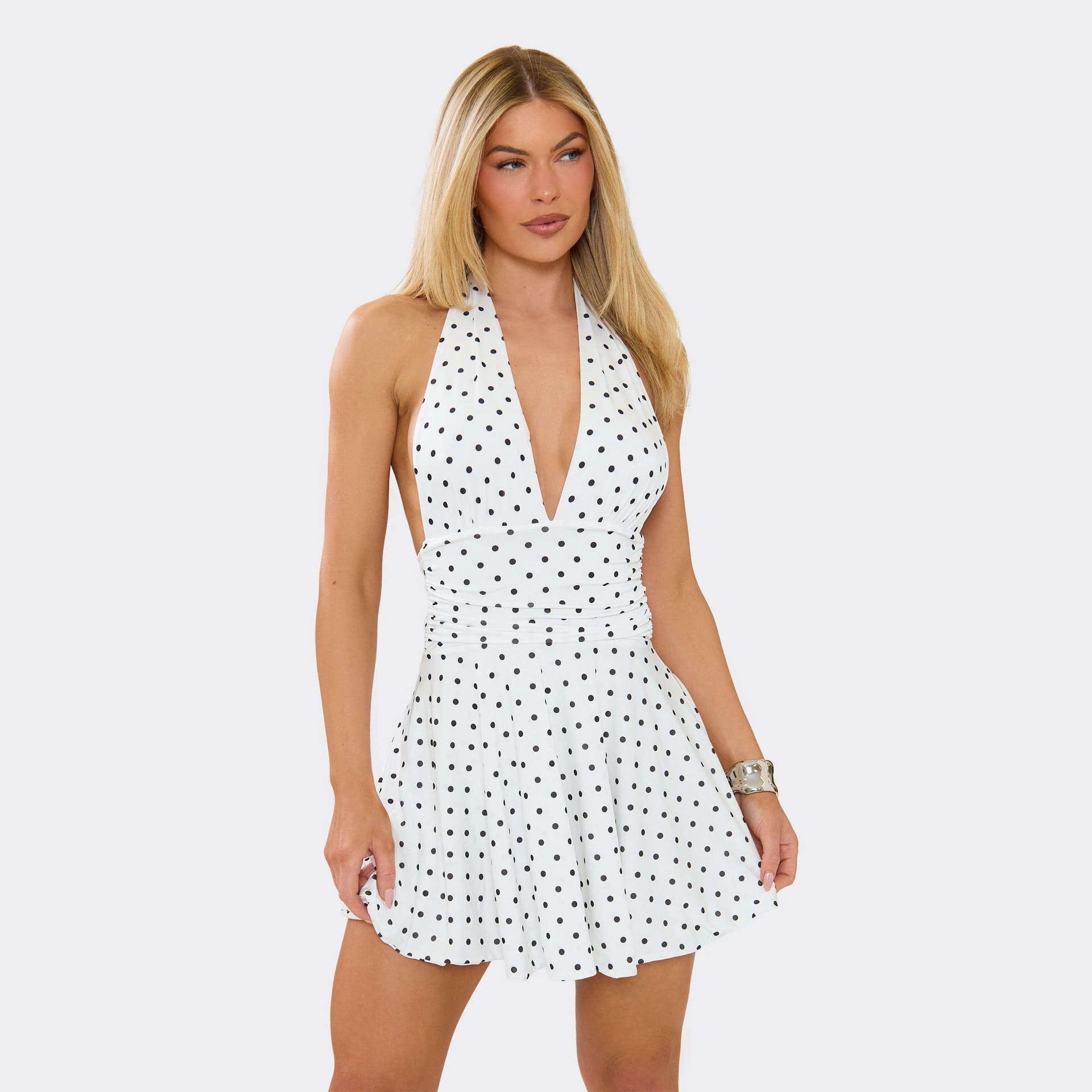 EGO Plunge Front Flippy Hem Mini Dress In White Polka Dot, Women's Size UK 6