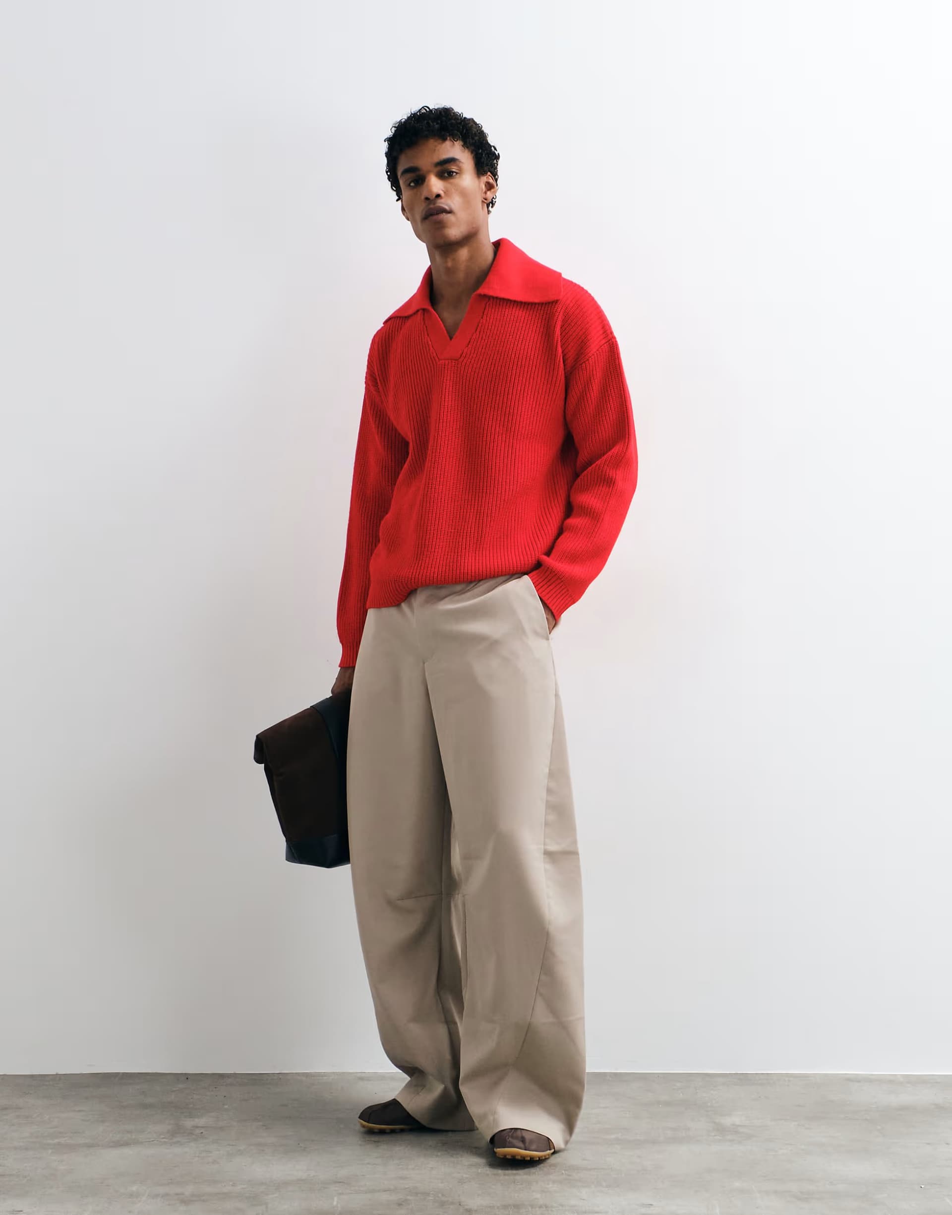 ASOS ASOS DESIGN oversized knitted extreme open collar polo jumper in red