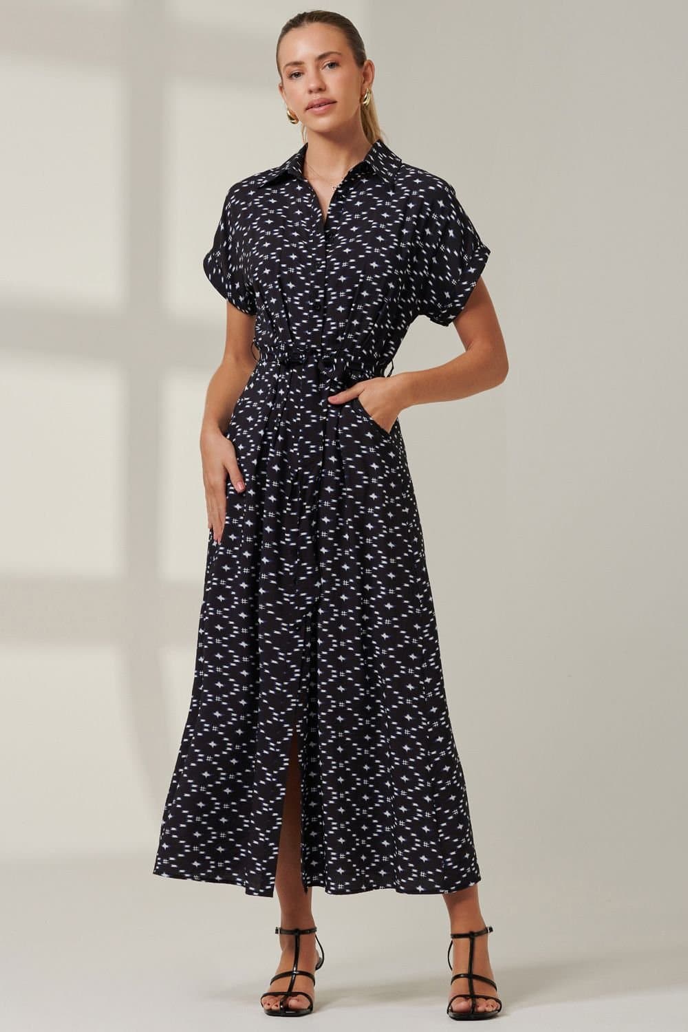 Jolie Moi Jolie Moi Women's Drop Shoulder Shirt Maxi Dress in Black