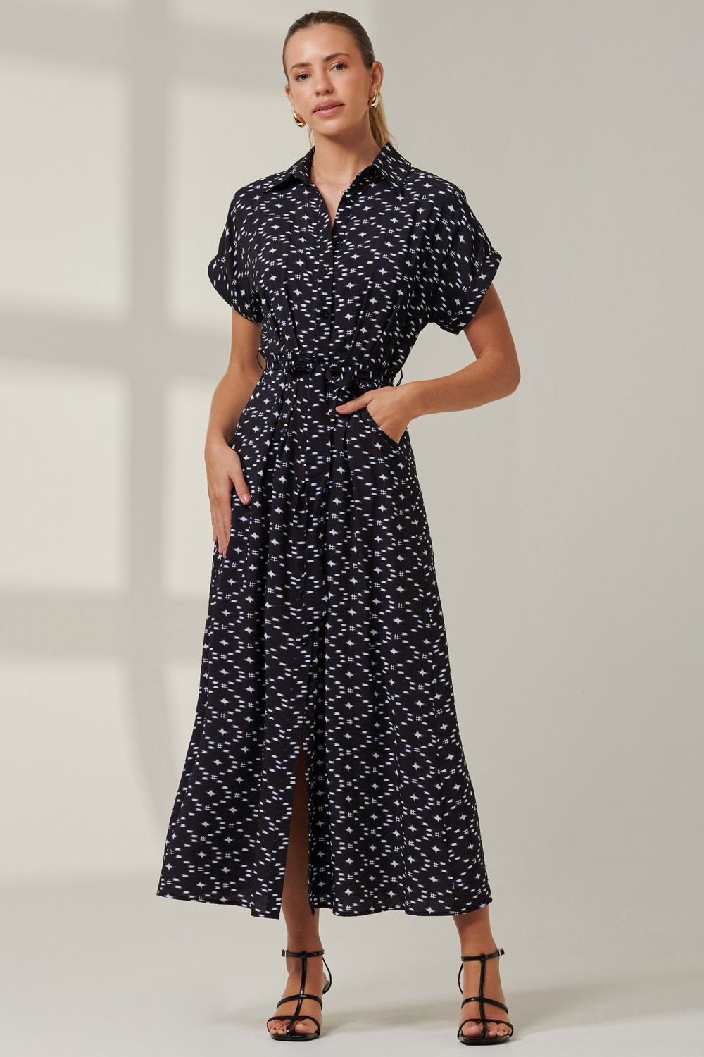 Jolie Moi Jolie Moi Women's Drop Shoulder Shirt Maxi Dress in Black - 3