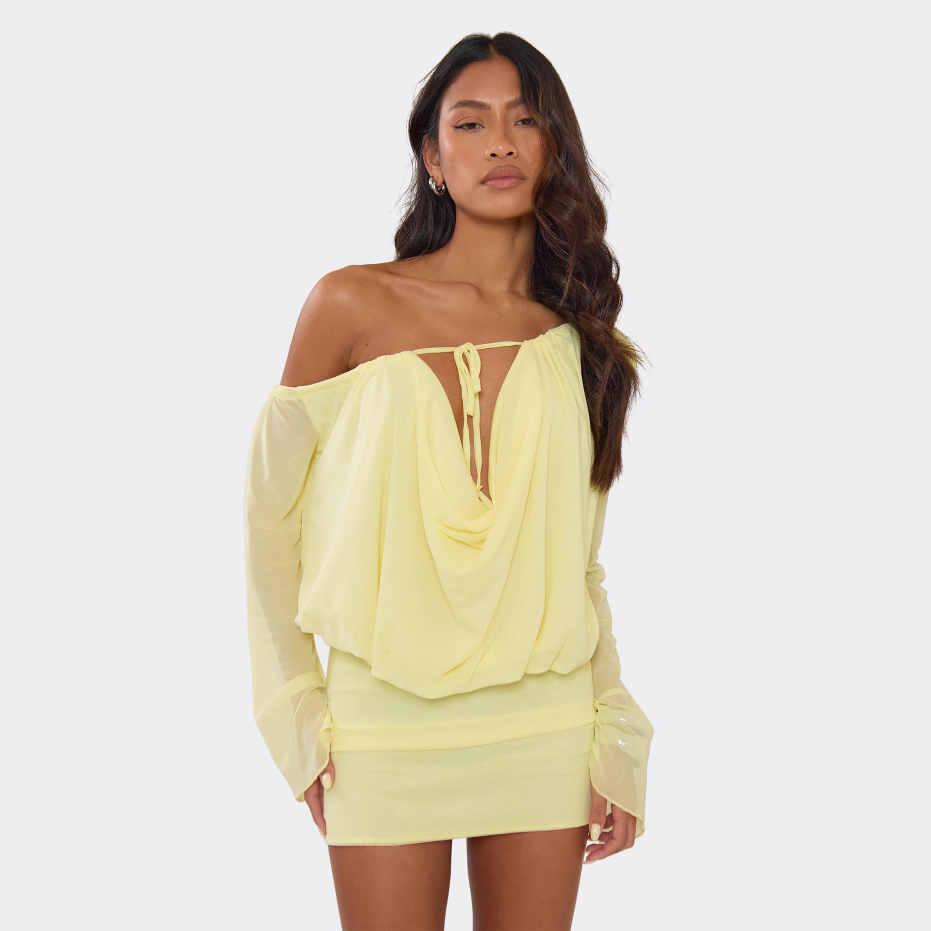 EGO Long Sleeve Asymmetric Neckline Tie Front Draped Blouson Dress In Yellow, Women's Size UK 6