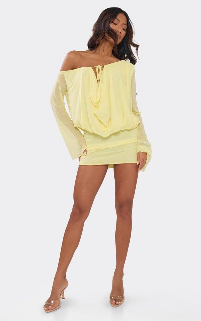 EGO Long Sleeve Asymmetric Neckline Tie Front Draped Blouson Dress In Yellow, Women's Size UK 6 - 2