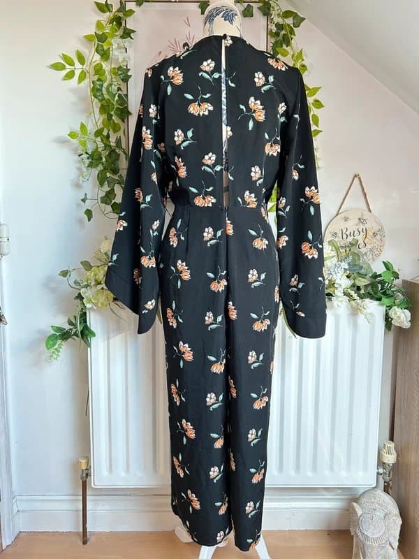 ASOS ASOS Black Floral Jumpsuit Size 10 Wide Leg Plunge Kimono Flare Sleeve Wedding Guest Boho