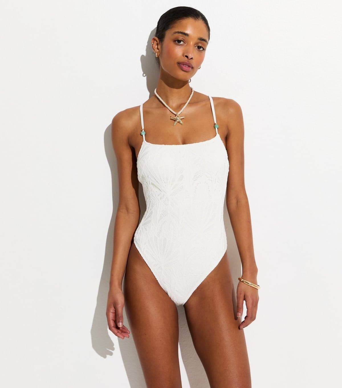 New Look Women's White Crochet Beaded Swimsuit New Look