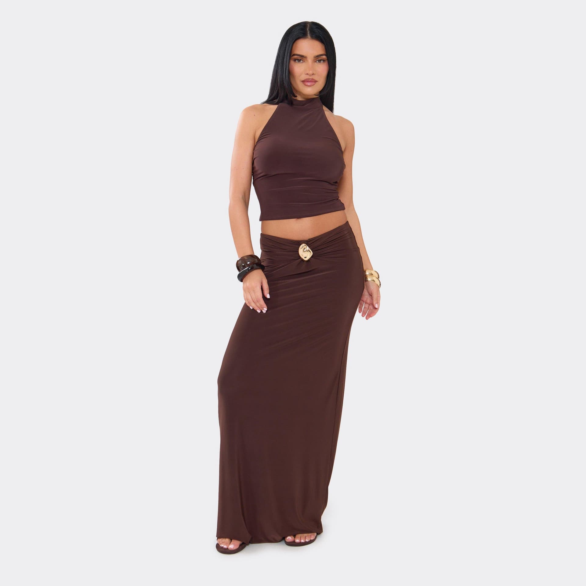 EGO Low Rise Trim Detail Maxi Skirt In Chocolate Brown Slinky, Women's Size UK 6