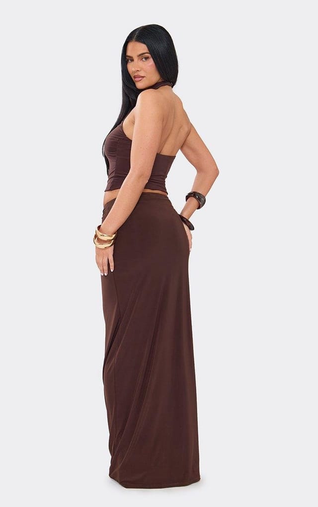 EGO Low Rise Trim Detail Maxi Skirt In Chocolate Brown Slinky, Women's Size UK 6 - 2