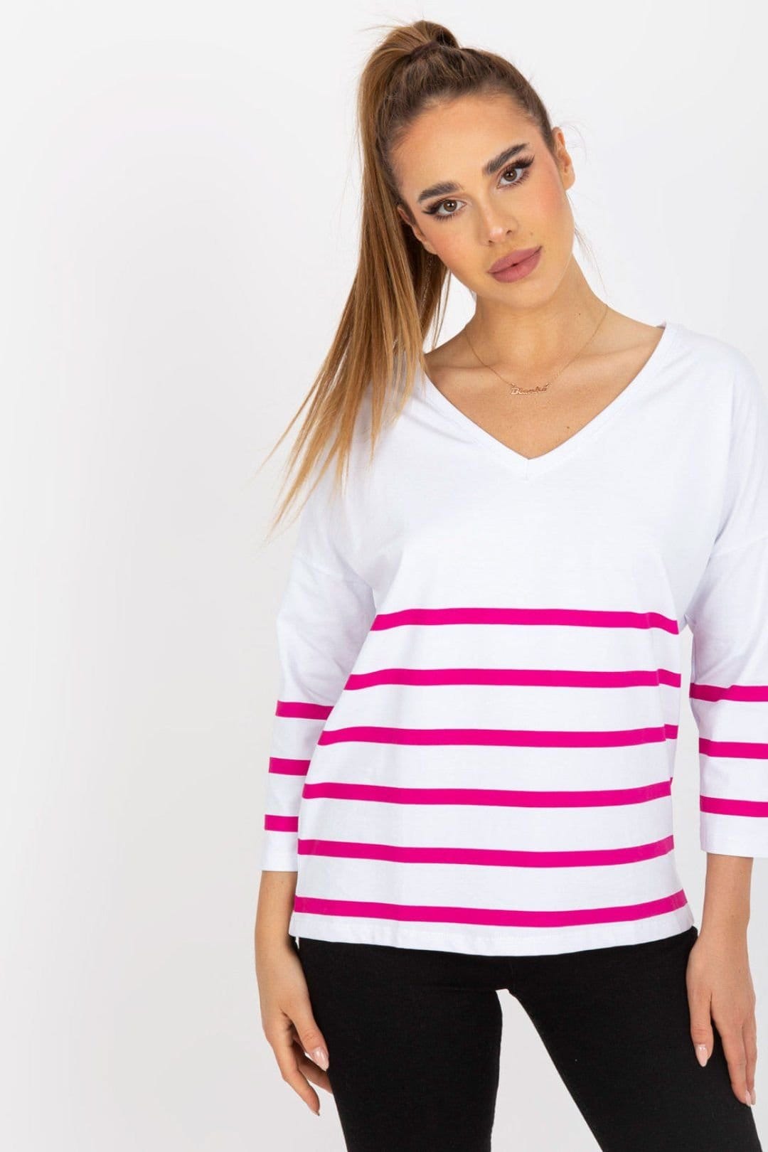 Love Lace White Striped Heart Neck 3/4 Sleeve Blouse