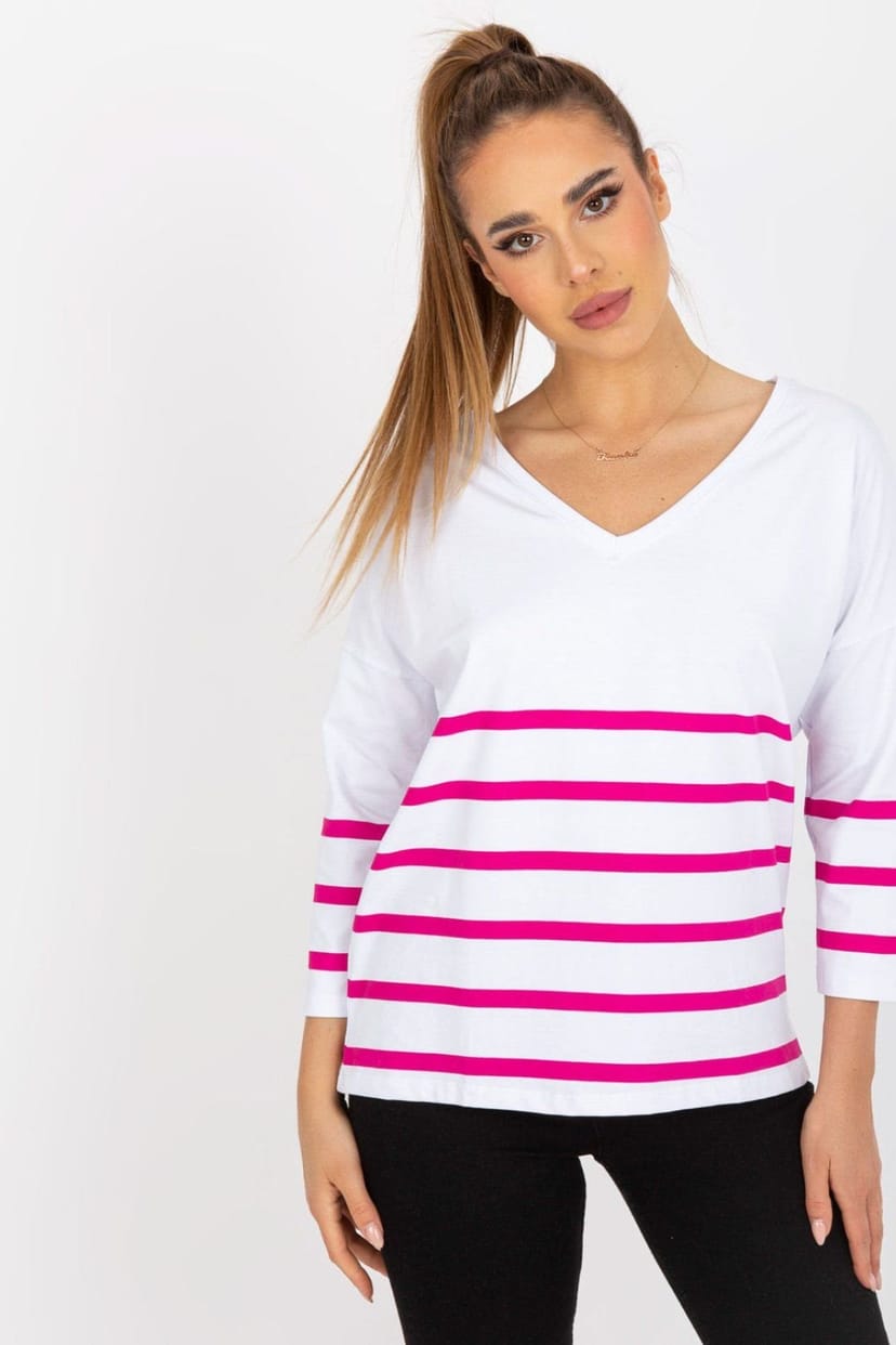 Love Lace Love Lace Women's Striped Heart Neck 3/4 Sleeve Blouse in White - 1