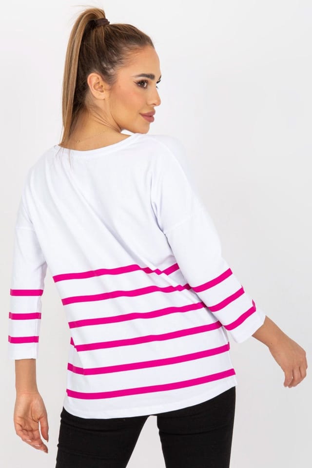 Love Lace Love Lace Women's Striped Heart Neck 3/4 Sleeve Blouse in White - 3