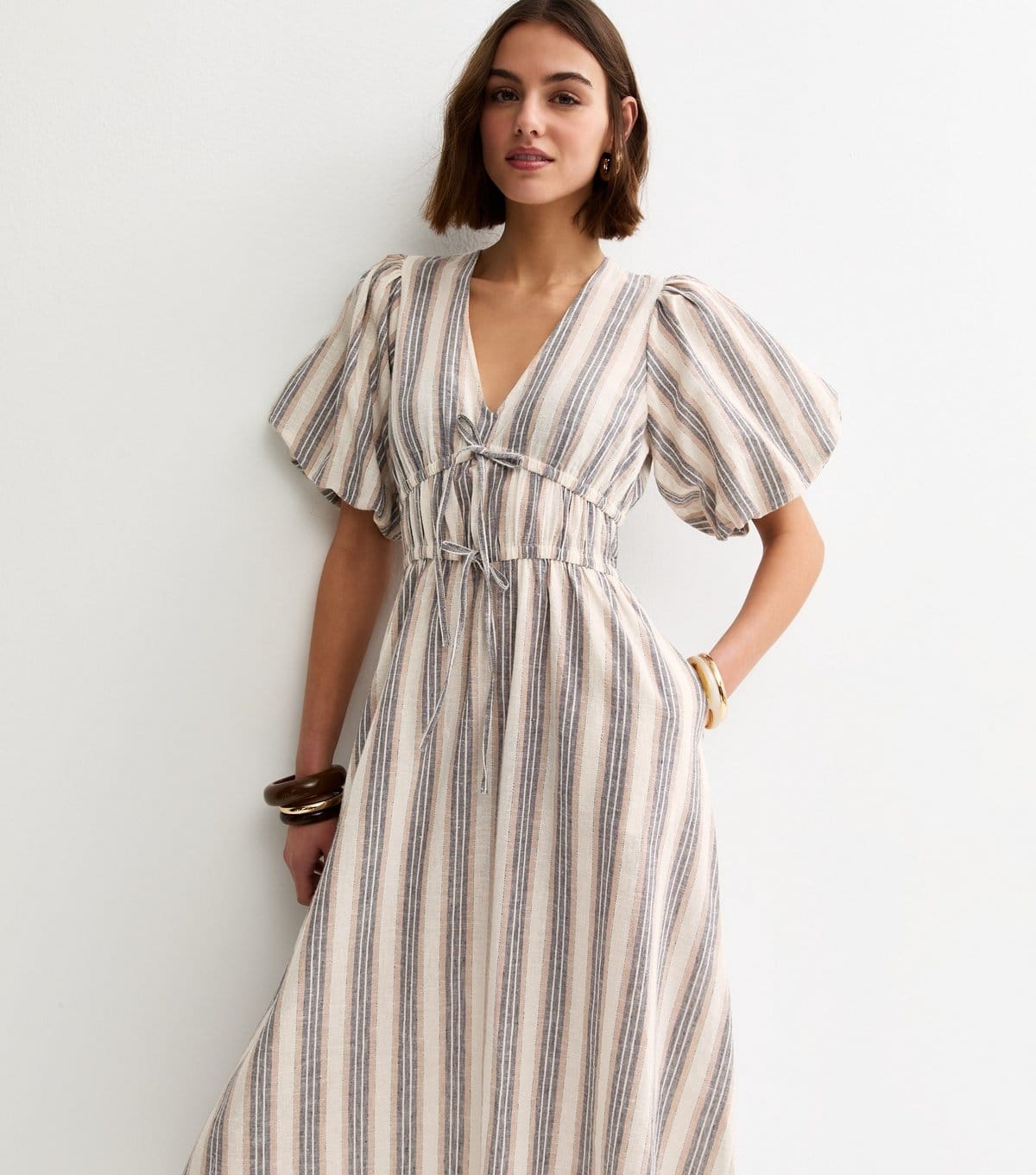 New Look Cream and Blue Stripe Puff Sleeve Midi Dress