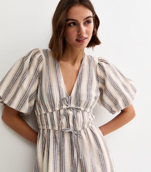 New Look Women's Cream and Blue Stripe Puff Sleeve Midi Dress New Look - 2