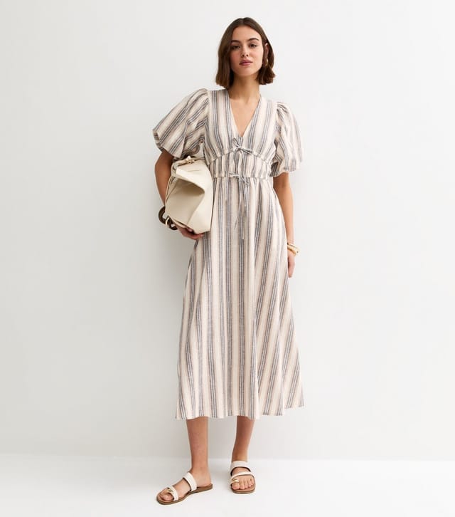 New Look Women's Cream and Blue Stripe Puff Sleeve Midi Dress New Look - 3