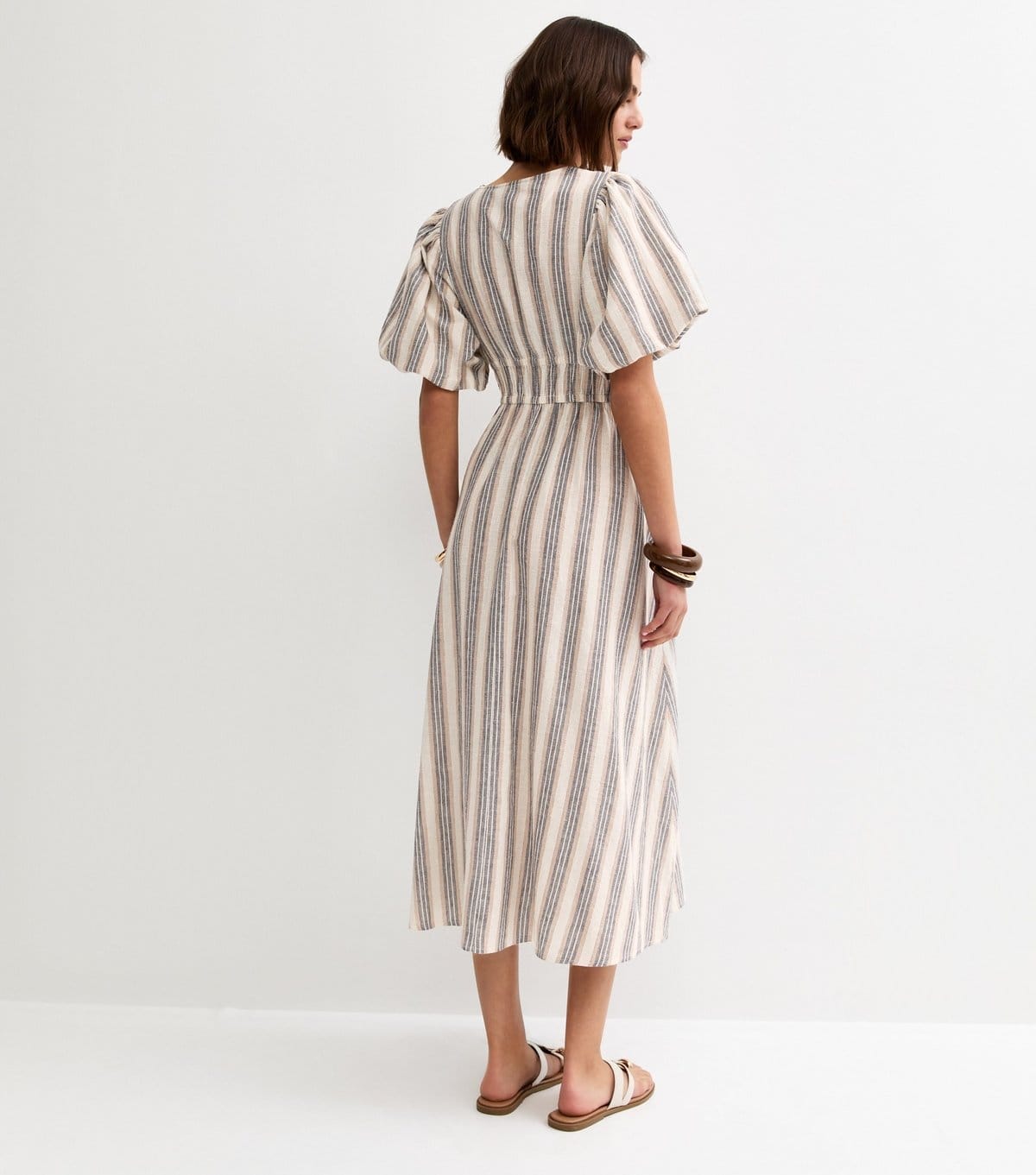 New Look Women's Cream and Blue Stripe Puff Sleeve Midi Dress New Look - 4