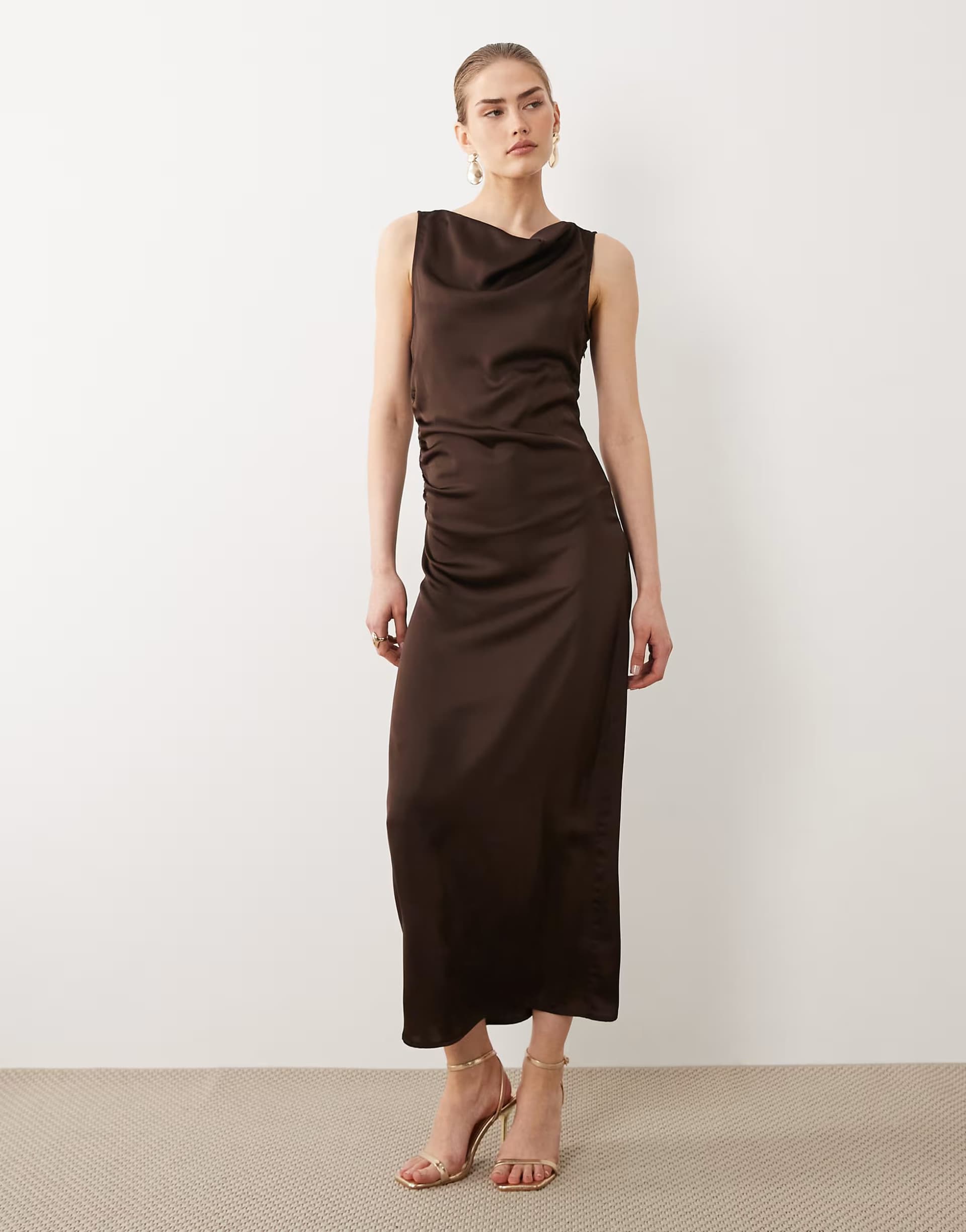 ASOS Vila cowl neck satin midi dress in chocolate brown