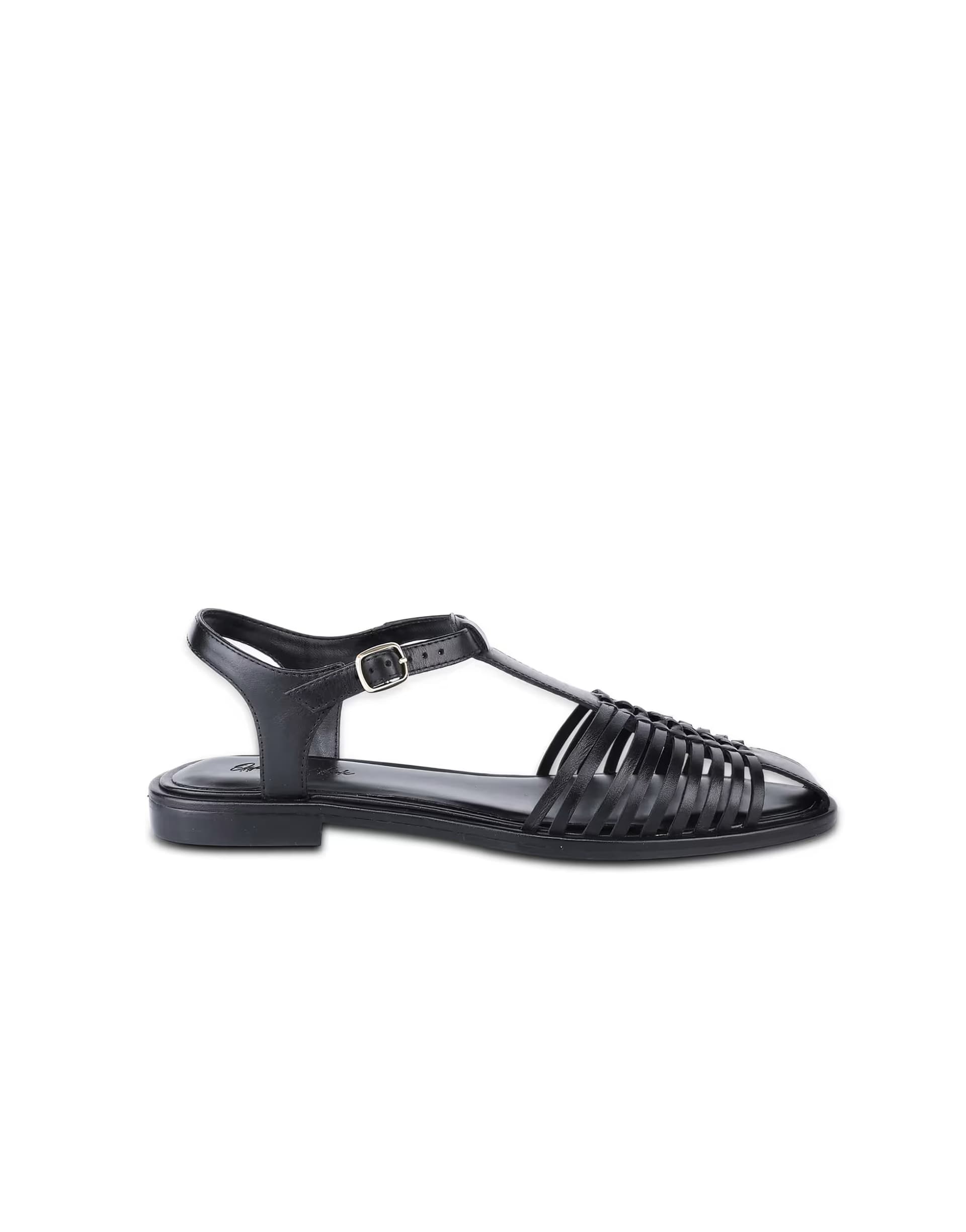 ASOS Off The Hook Sylvia leather woven t-strap sandals with buckle closure in black
