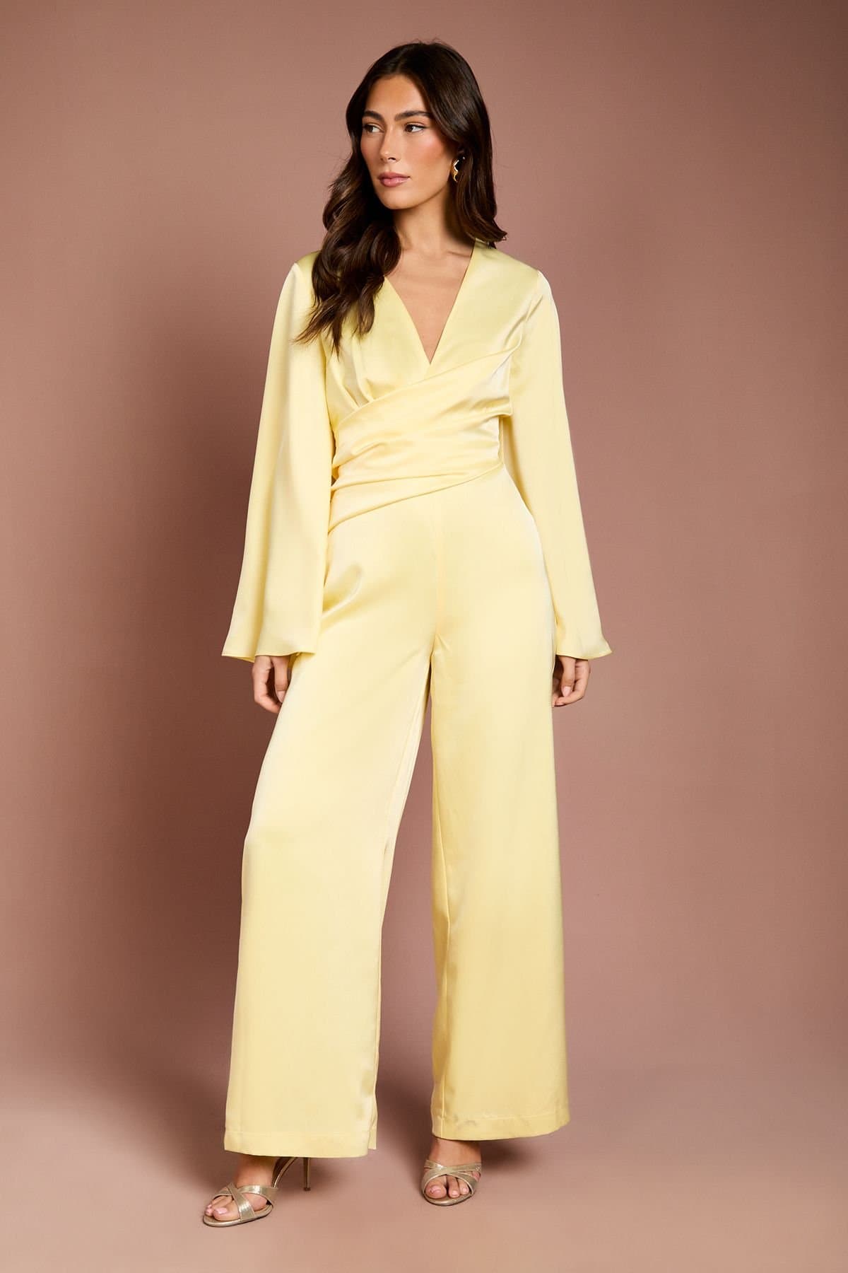 Coast Coast Women's Wrap Waist Satin Jumpsuit With Flare Sleeve in Lemon